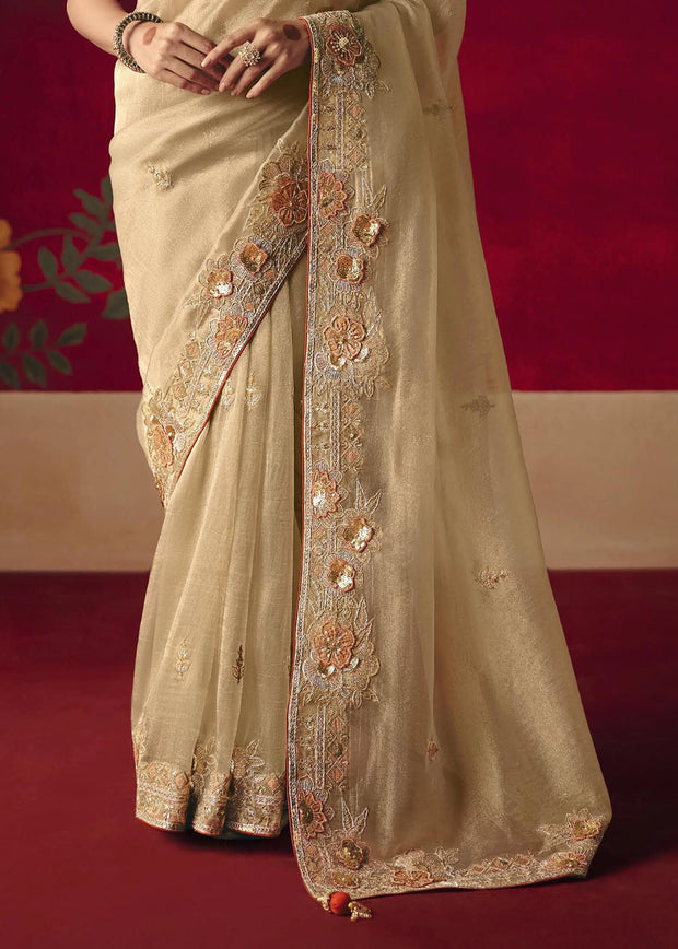 Cream Beige Designer Embroidered Saree
