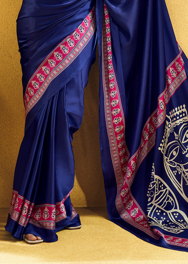 Royal Blue Satin Silk Saree with Ajrakh Printed Pallu and Blouse