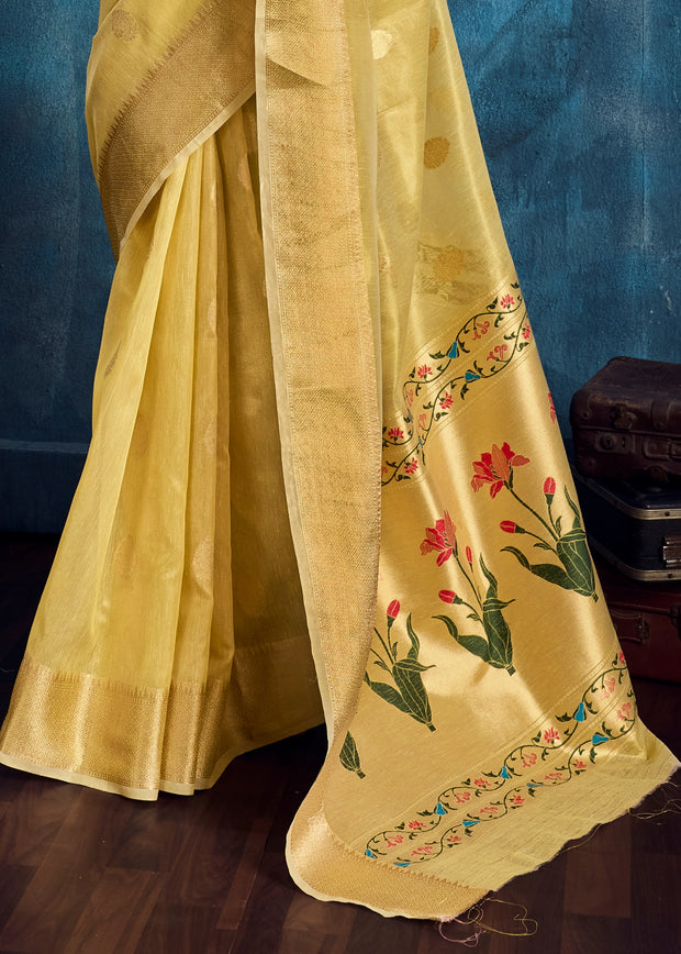 Pastel Yellow Woven Paithani Tissue Silk Saree