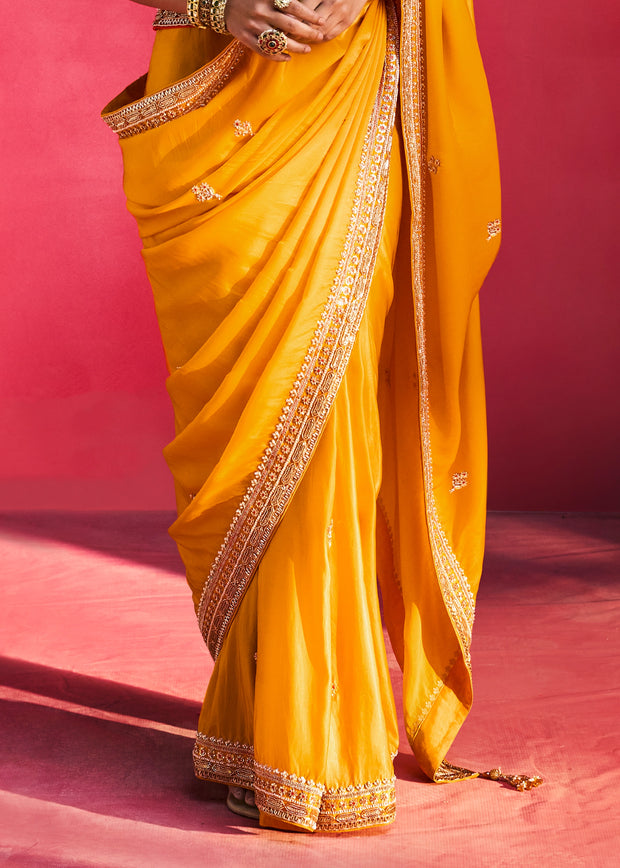 Vibrant Yellow Embroidered Soft Silk Saree With Contrast Blouse
