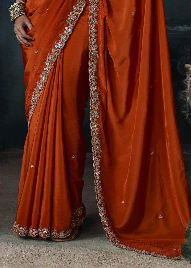 Burnt Orange Embroidered Designer Saree