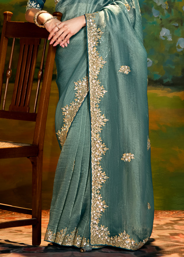 Storm Blue Heavy Embroidered Designer Silk Saree With contrast Blouse