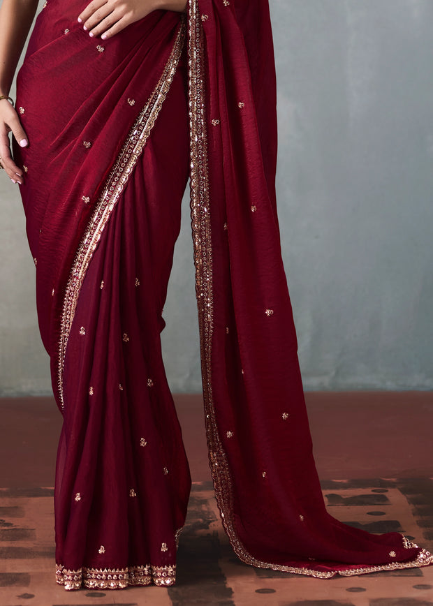 Maroon Embroidered Silk Saree With Heavy Blouse