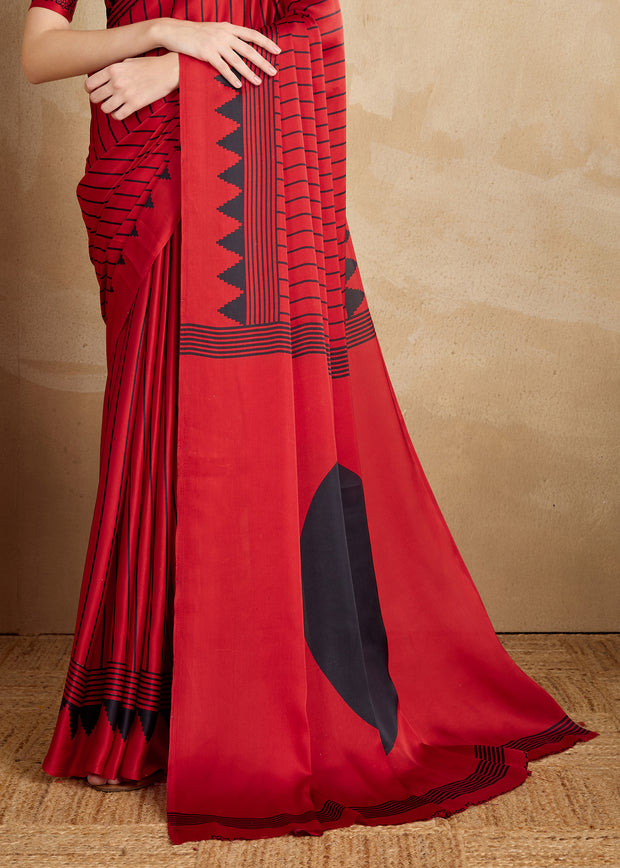 Aurora Red Printed Satin Silk Saree