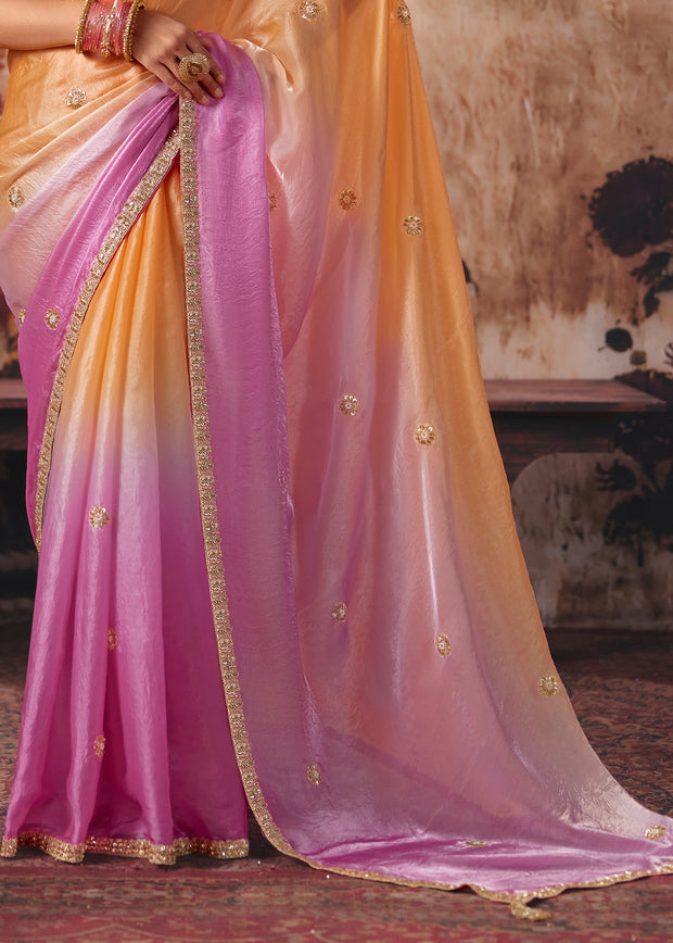 Peach And Pink Ombre Designer Satin Silk Saree With Embroidered Blouse