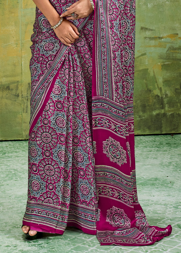 Plum Purple Printed Satin Silk Saree