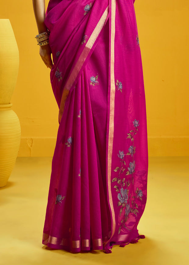 Fuchsia Pink Woven Munga Cotton Silk Saree