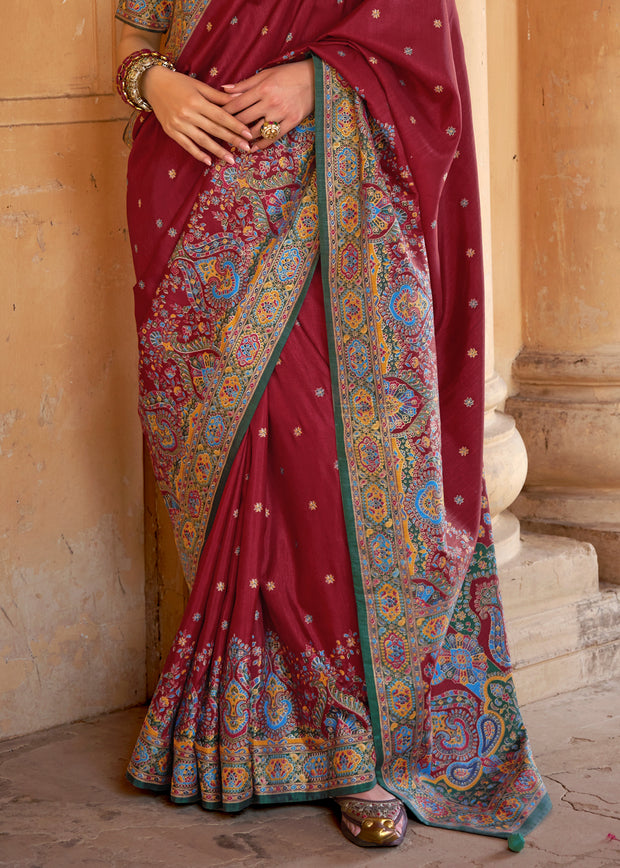 Royal Maroon Printed Silk Saree With Contrast Blouse