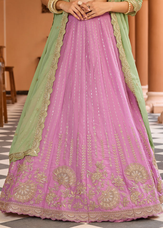 Pink Tissue Embroidered Semi-Stitched Lehenga