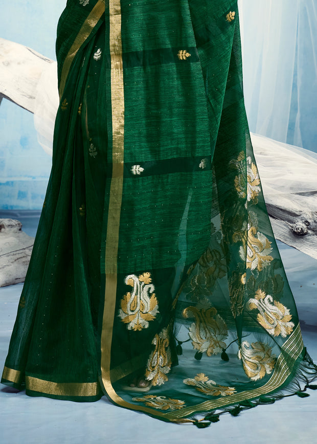 Hunter Green Woven Cotton Silk Saree
