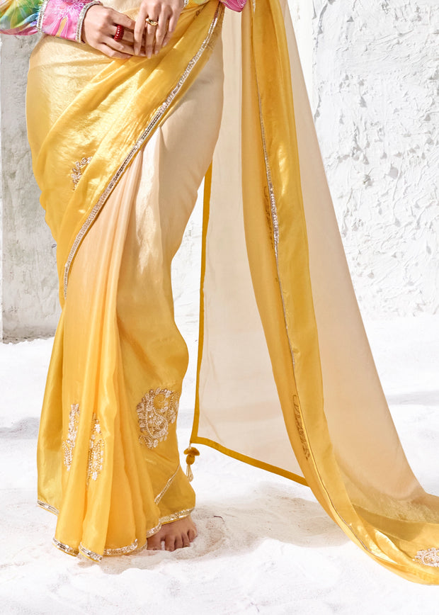 Off White And Yellow Designer Organza Silk Saree With Printed Blouse