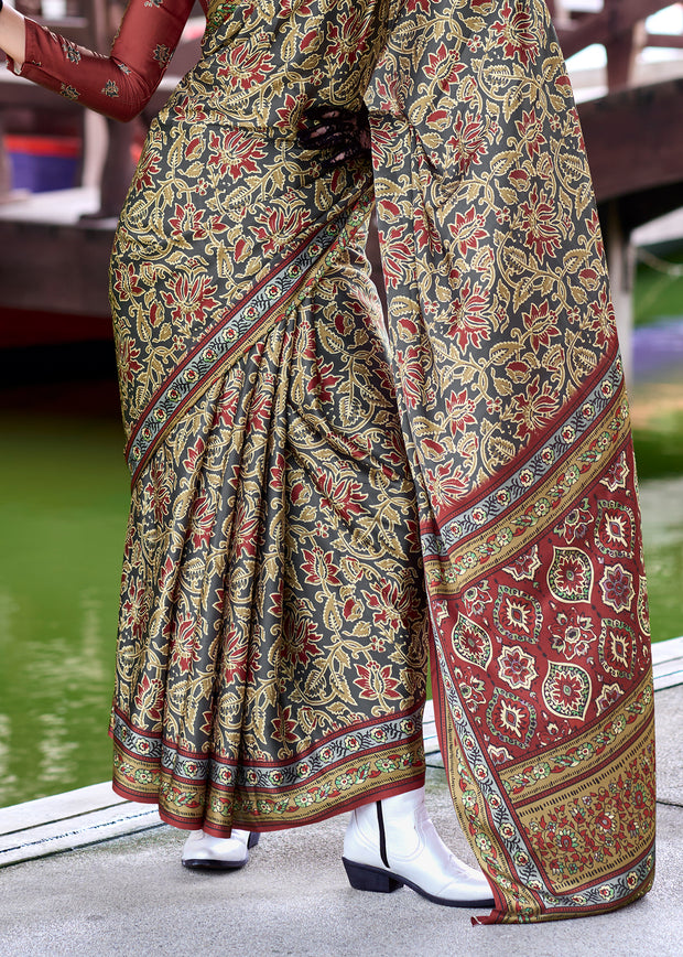 Drizzle Grey Satin Crepe Digital Printed Saga Saree With Contrast Blouse