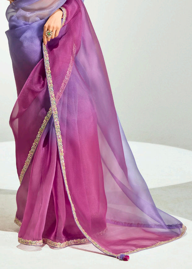 Purple Ombre Designer Tissue Saree With Embroidered Blouse