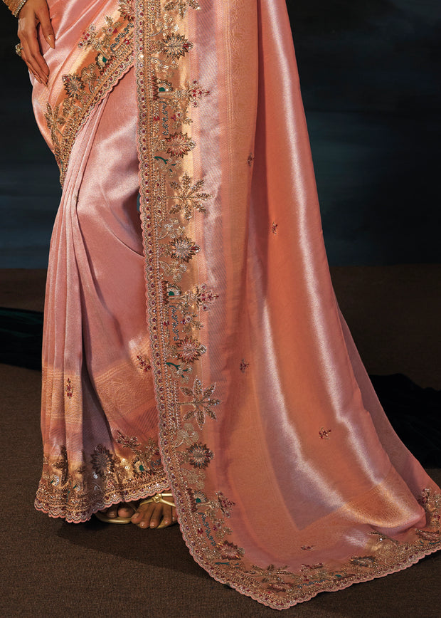 Peach Pink Embroidered Silk Saree