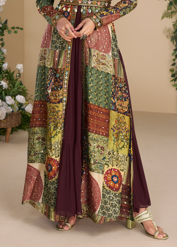 Brick Red Shrug Style Gown with Embroidered Work