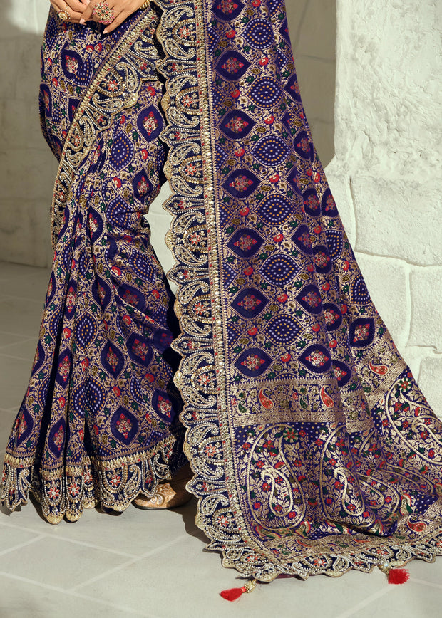 Indigo Blue Embroidered Georgette Bandhej Saree