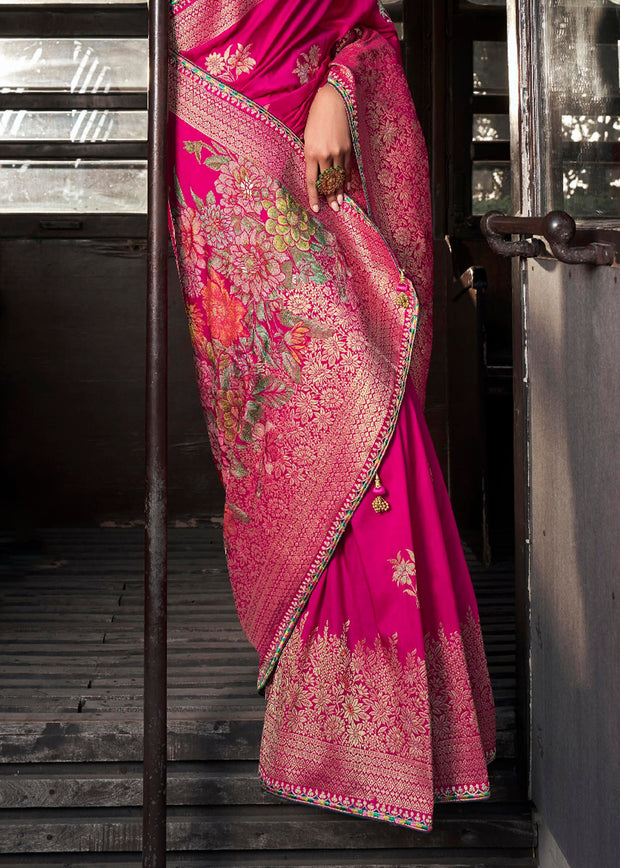 “Exclusive Offer” : Princess Pink Woven Embroidered Banarasi Silk Saree