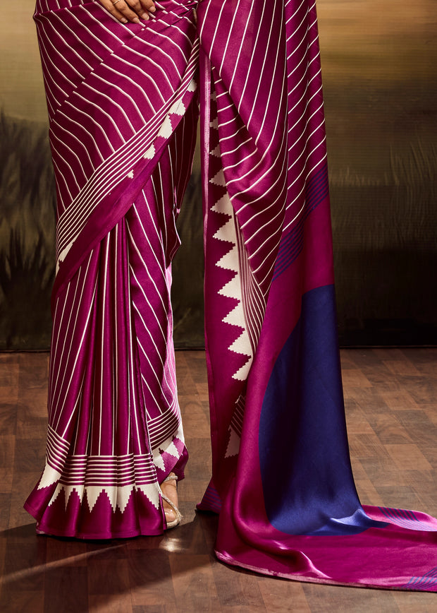 Dahlia Purple Printed Satin Silk Saree