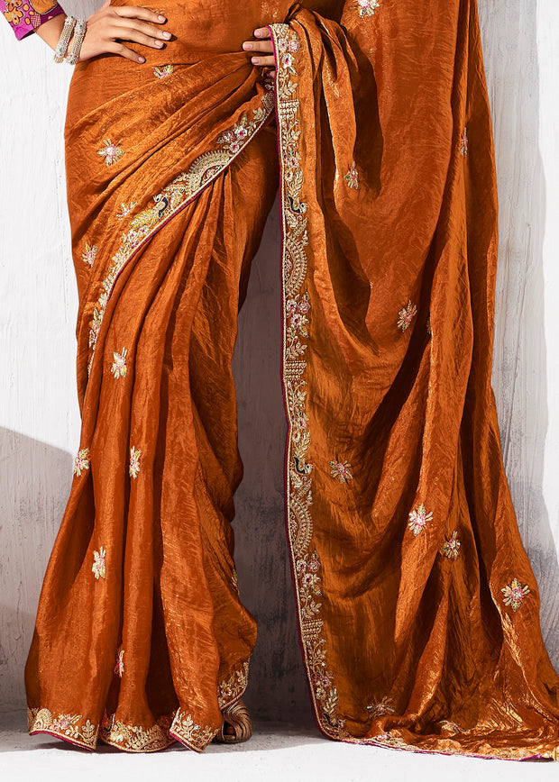 Rust Orange Embroidered Designer Saree