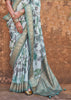 Dusky Green Floral Printed Silk Saree With Contrast Border