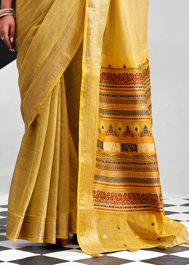 Dusky Yellow Woven Linen Cotton Silk Saree