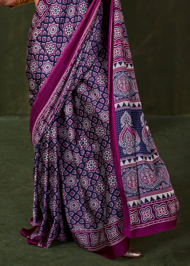 Gloxinia Purple Printed Satin Crepe Silk Saree
