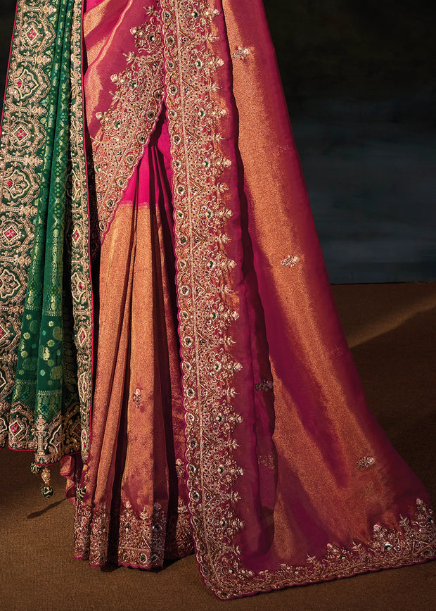 Rani Pink Embroidered Kanjivaram Silk Saree With Dupatta