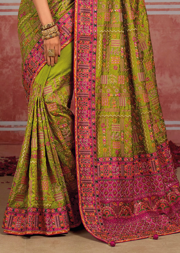 Lime Green Embroidered Designer Saree