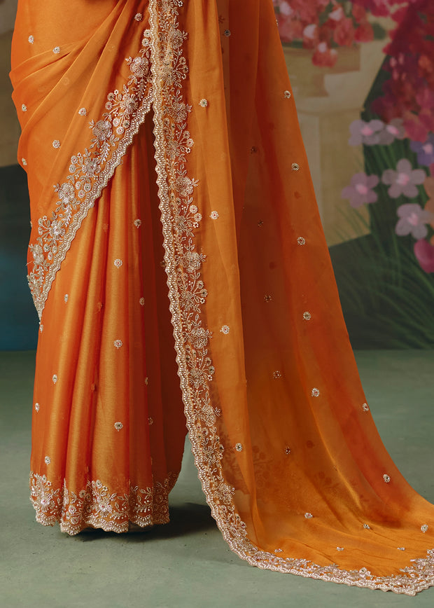 Peel Orange Embroidered Designer Saree
