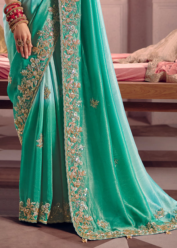 Sea Green Embroidered Tissue Designer Saree