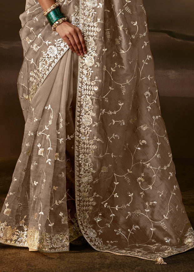 Metallic Beige Embroidered Designer Organza Saree