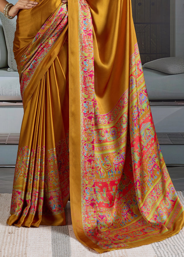 Golden Yellow Printed Satin Silk Saree