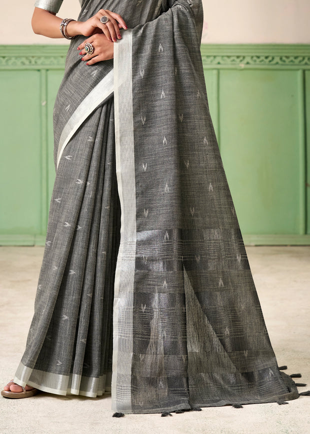 Fossil Grey Woven Linen Silk Saree
