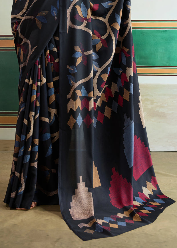 Midnight Black Printed Satin Silk Saree
