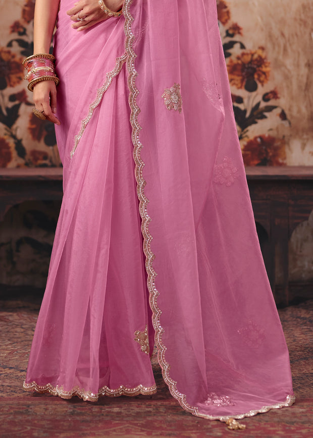 Rose Pink Designer Organza Saree With Embroidered Blouse