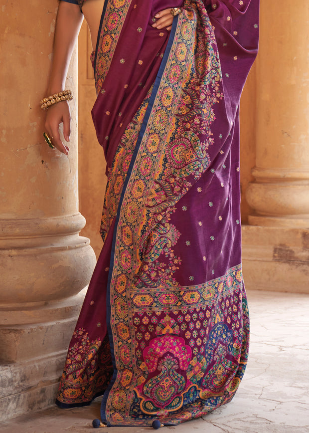 Dahlia Purple Printed Silk Saree With Contrast Blouse
