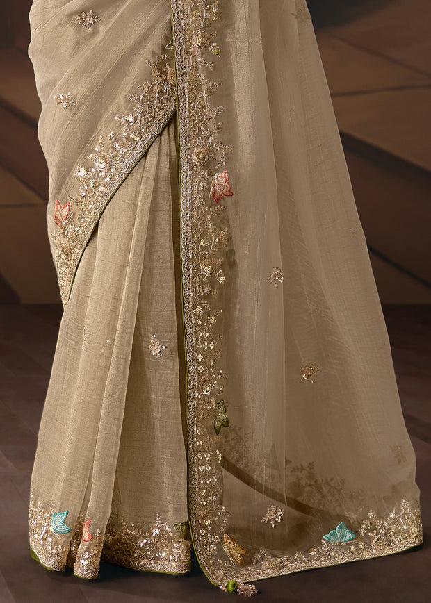 Olive Grey Embroidered Designer Saree