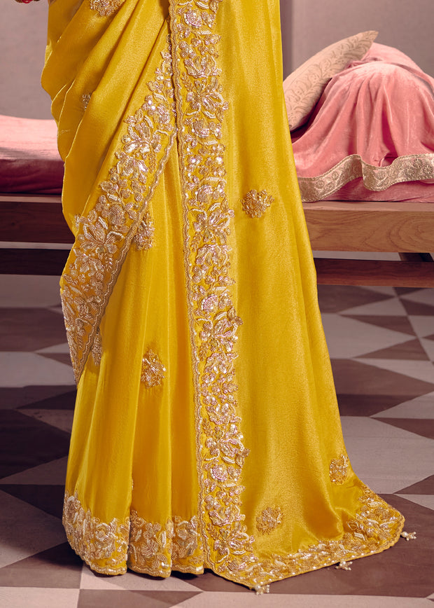 Mimosa Yellow Embroidered Tissue Designer Saree