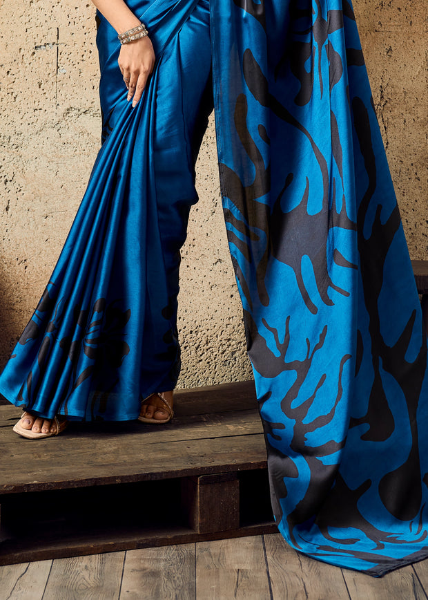 Victoria Blue Printed Satin Silk Saree