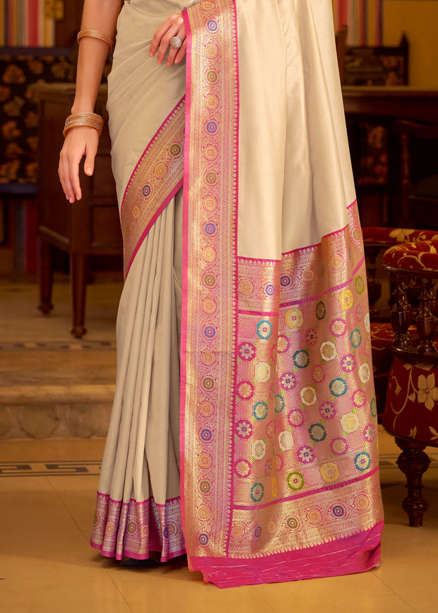 White And Pink Woven Banarasi Soft Silk Saree