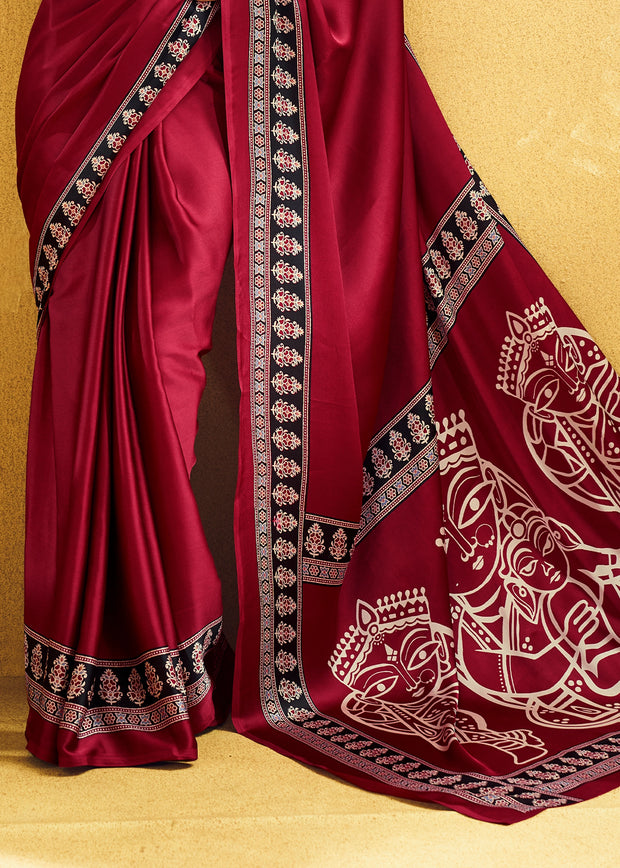 Red Satin Silk Saree with Ajrakh Printed Pallu and Blouse
