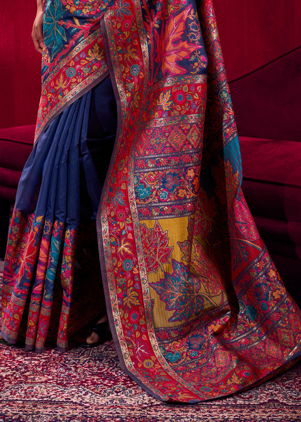 Depth Blue Woven Cotton Kashmiri Jamewar Saree