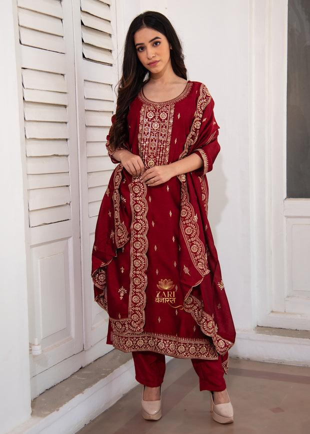Deep Maroon Embroidered Silk Suit set (10702862385345)