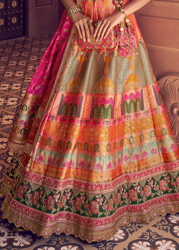 Multicolour Banarasi Silk Embroidered Lehenga
