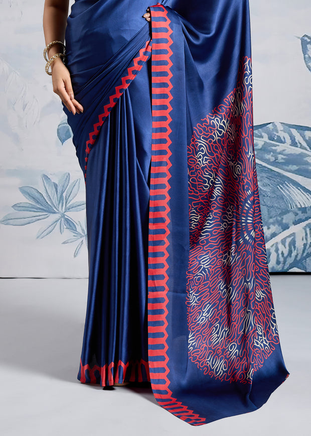 Ultramarin Blue Satin Silk Saree with Ajrakh Printed Pallu and Blouse