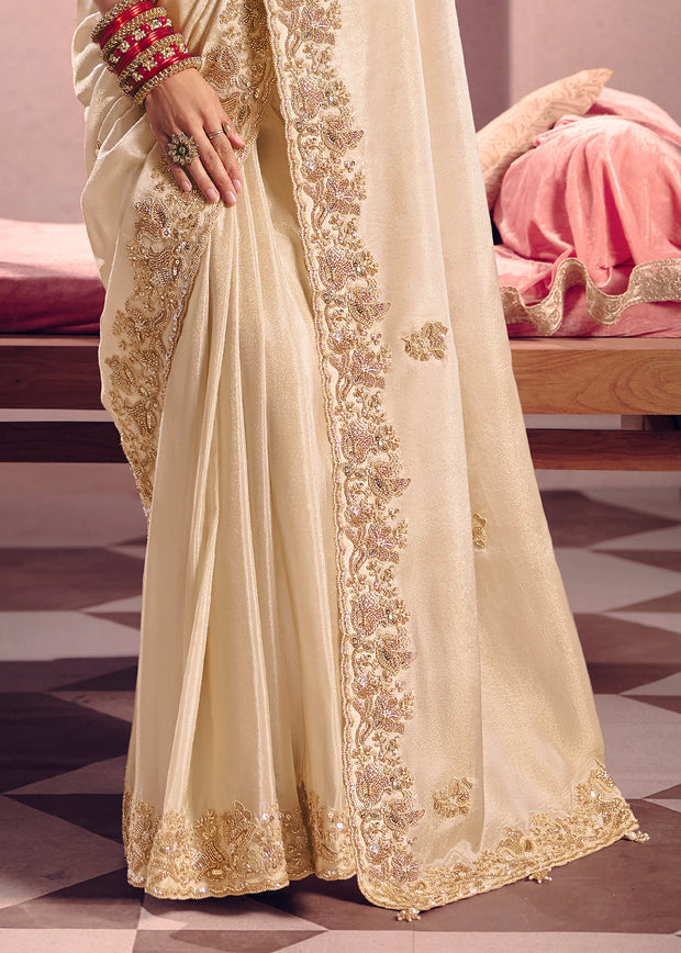 Off white Embroidered Tissue Designer Saree