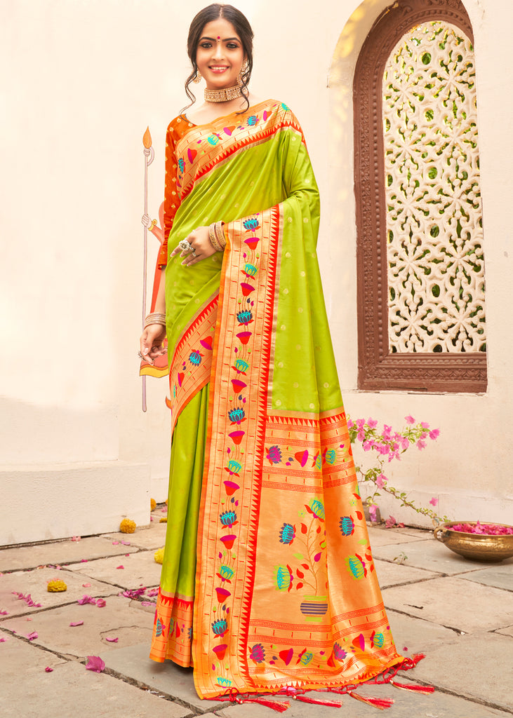 Parrot Green Paithani Silk Saree With Golden Zari Woven Border at Rs  3530.00 | पठानी साड़ी - Bhakti Silk Mills, Surat | ID: 2850493983391