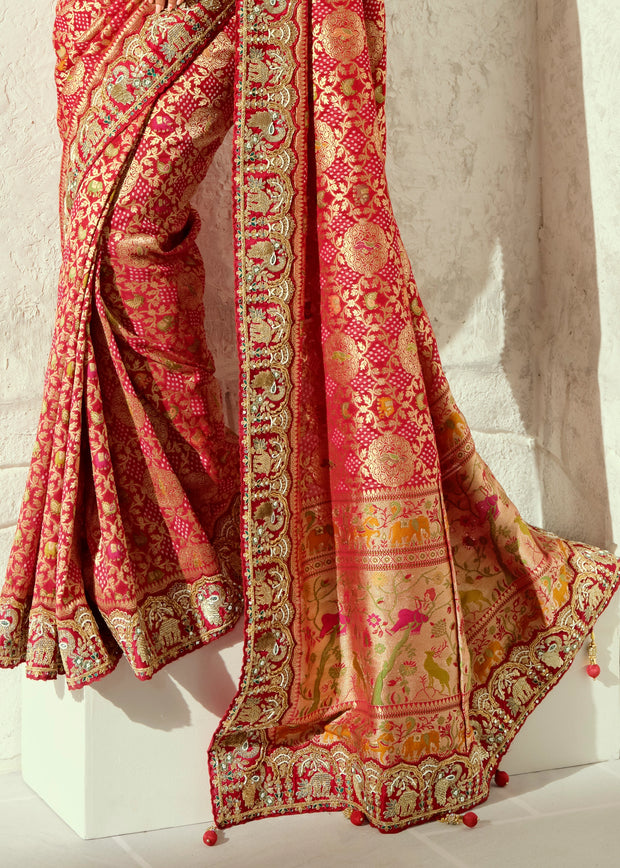 Red Embroidered Georgette Bandhej Saree