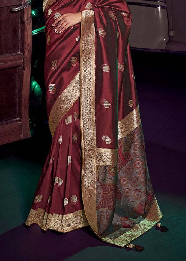 “Exclusive Offer” : Rich Maroon Woven Banarasi Silk Saree With Embroidered Blouse