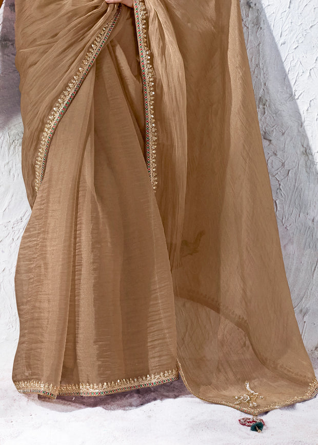Beige Designer Organza Silk Saree With Printed Blouse